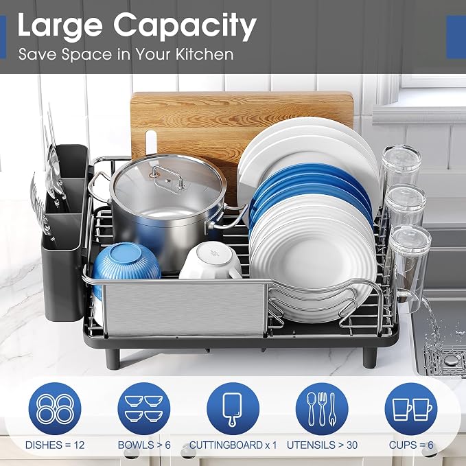 Urackify Stainless Steel Dish Drying Rack for Kitchen Counter, Black | Rustproof Dish Rack with Utensil Holder, 16.9" L x 12.4" W Large Capacity, Auto Drain Dish Drainer for Plate Dish Sliverware - Image 3