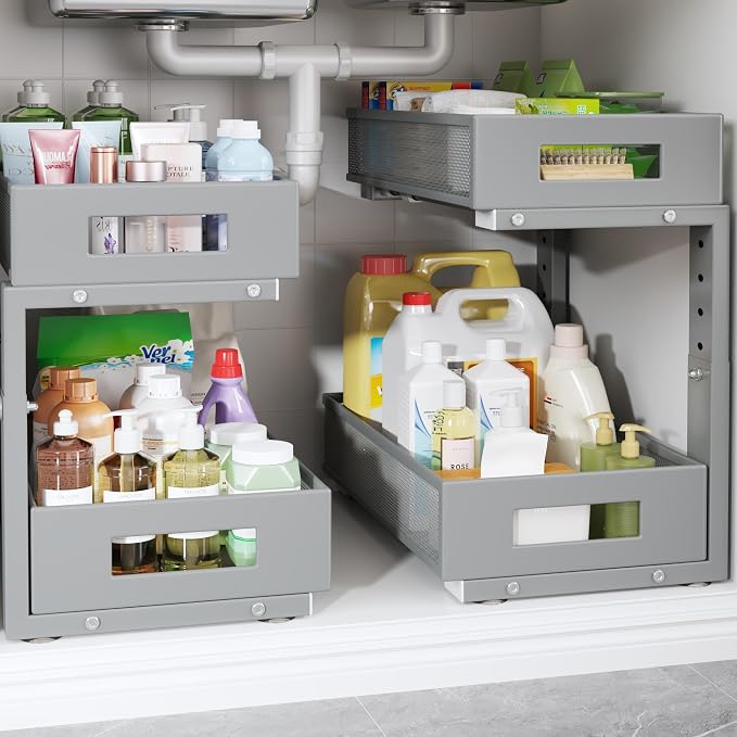 2-Pack Under Sink Organizers And Storage,Large Capacity 2-Tier Pull-Out Cabinet Organizer With Upgraded Tube Rails,Adjustable Height Sliding Drawers,Sturdy Mesh Shelves For Kitchen&Bathroom-Grey by UnderSinkOrganizer