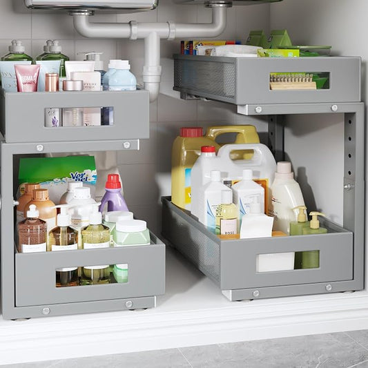 2-Pack Under Sink Organizers And Storage,Large Capacity 2-Tier Pull-Out Cabinet Organizer With Upgraded Tube Rails,Adjustable Height Sliding Drawers,Sturdy Mesh Shelves For Kitchen&Bathroom-Grey by UnderSinkOrganizer