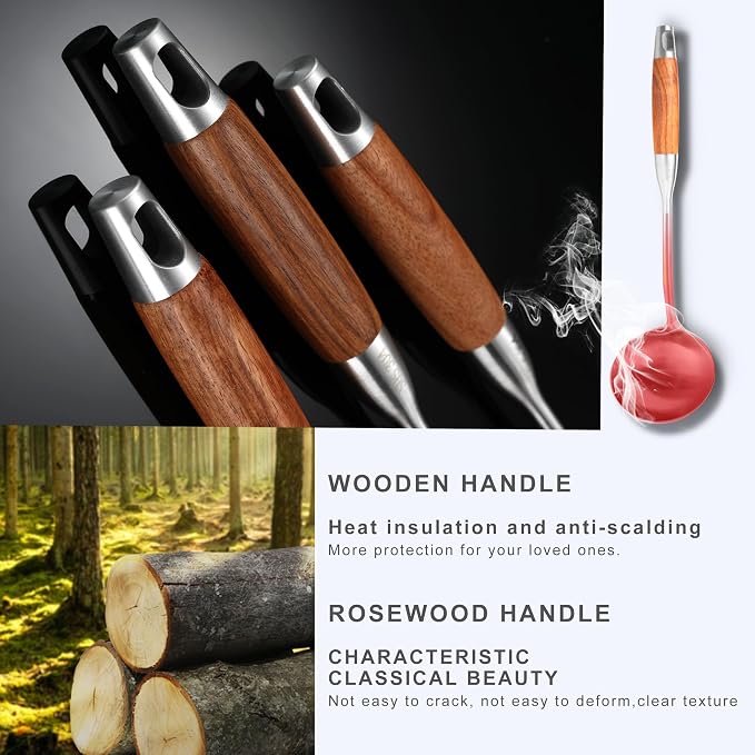 Stainless Steel Cooking Utensils Set with Wooden Handle 12.5"-14" | 304-Healthy;Wooden handle-Anti-scald;Good length,hanging hole-Easy to store;Gift-Bridal shower,Xmas,thanksgiving,housewarming - Image 7