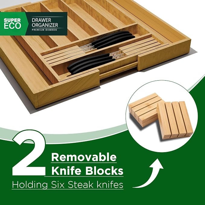 Bamboo Kitchen Drawer Organizer - Bamboo Expandable Drawer Organizer Utensil Holder & Cutlery Tray - Adjustable Wood Drawer Dividers Organizer for Silverware, Flatware, Knives (9 Slot) - Image 3