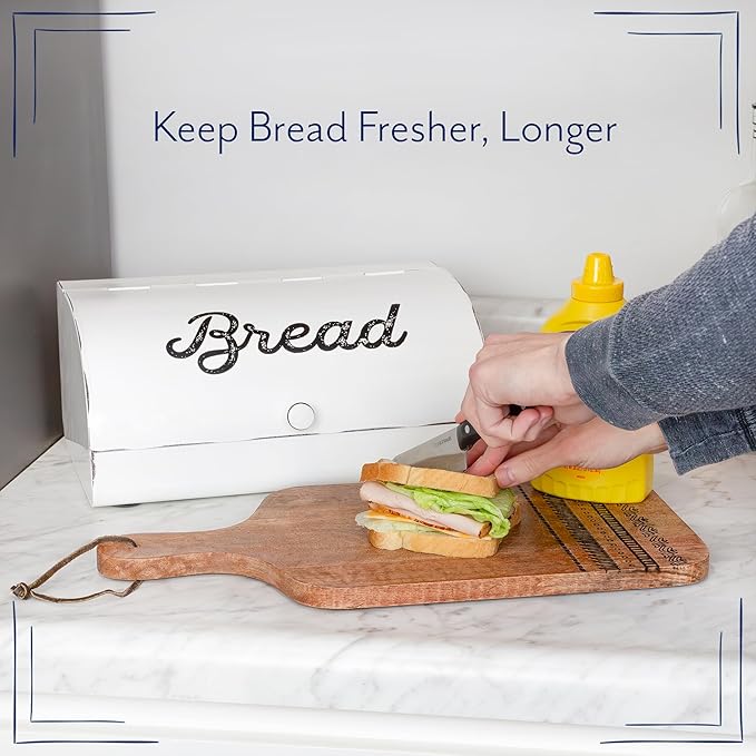 AuldHome Design Rustic White Bread Box; Farmhouse Vintage Enamelware Countertop Bread Bin - Image 4