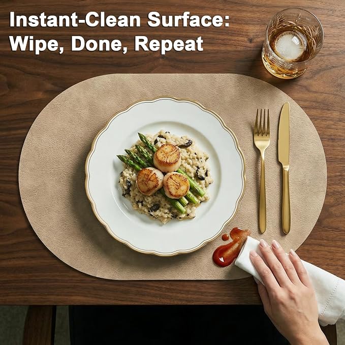 Placemats, Oval Placemats 2mm Ultra Thick Faux Leather Table Mats, Heat Resistant Waterproof Wipeable Dining Mats for Kitchen Table, Set of 8, Apricot - Image 3