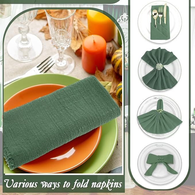 48 Pcs Cotton Linen Cloth Napkins with Fringe 16.5 x 16.5 Inch Square Rustic Dinner Linen Napkins Bulk for Wedding Party Banquet Dinner(Green) - Image 3