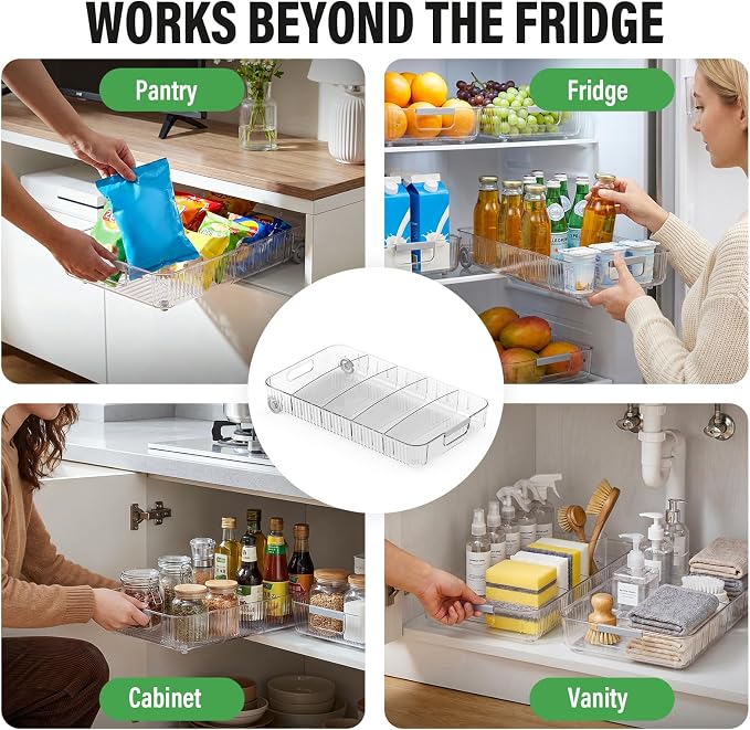 Fridge Organizer Bins with Wheels, Pull Out Fridge Organizer, Adjustable Dividers and Easy Pull Handles, Clear Plastic, 2-Pack, Suitable for Kitchen, Pantry and Cabinet Deep Shelves - Image 7