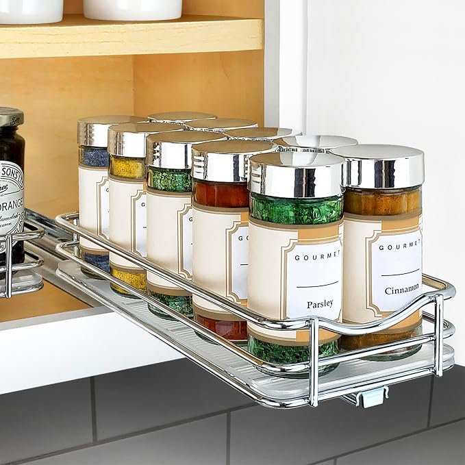 LYNK PROFESSIONAL® Pull Out Spice Organization for Cabinets - 4-3/8 inch Wide – Spice Rack for Inside Cabinets, Slide Out Spice Rack Organizer for cabinet – Pull Out Spice Rack, Sliding 1 Tier Chrome by LYNKPROFESSIONAL
