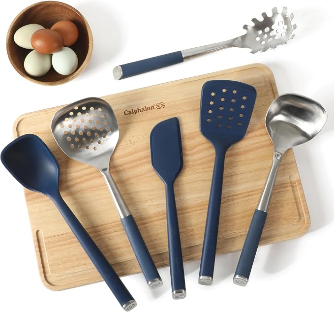 Calphalon Edge 6-Piece Stainless Steel and Silicone Kitchen Tool Set, Kitchen Utensil Set, Scraper, Skimmer, Spoon, Ladle, Turner, Pasta Server, Heat Resistant Nonstick Safe Cooking Utensils (Navy) - Image 2