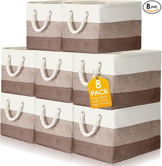 meekoo 8 Pack Collapsible Storage Bins Fabric Storage Bins Polyester Fabric Baskets with Handles Linen Closet Organizer for Shelf Home Closet Towels Toys(15 x 11 x 9.5 in,Mixed Beige) by meekoo