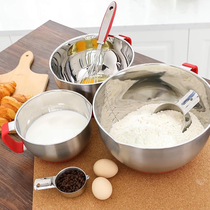 Stainless Steel Mixing Bowls: Metal Mixing Bowl Set with Lids and Handles Non-slip Silicone Bottom Nesting Bowls for Kitchen Set of 3 - Red - Image 6