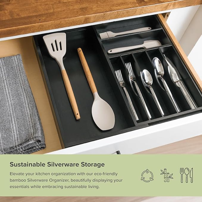 Silverware & Utensil Drawer Organizer, 10.5-19 in, Black Bamboo | Cutlery, flatware, food-safe contract grade, kitchen drawer fit - Image 5