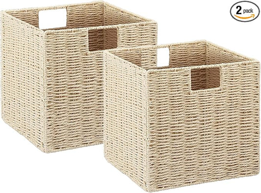 Wicker Storage Basket, Set of 2 Hand-Woven Storage Baskets for Shelves with Handles, Foldable Cube Storage Baskets Bins Organizer, 9 inch Wicker Baskets for Pantry Bedroom Decor, Beige by Vagusicc