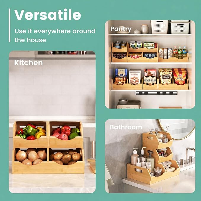 Potato and Onion Storage Bin, 2 Tier Bamboo Kitchen Storage Rack, Stackable Ventilated Pantry Organizer with Handles for Garlic Peppers Vegetables, Countertop Produce Bins, Natural Brown - Image 4