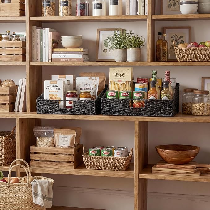 StorageWorks Pantry Baskets, Black Wicker Baskets with Handles, 2-Pack | Paper Rope Black Baskets for Organizing, Black Woven Baskets, Pantry Baskets for Shelves, Wicker Storage Baskets for Shelves - Image 5