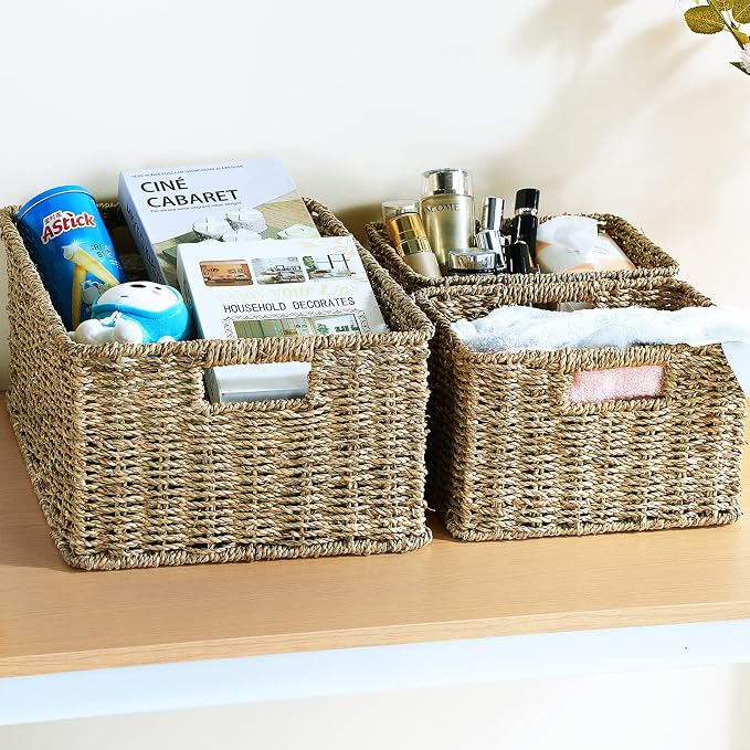 HOONEX Large Wicker Baskets for Storage, Seagrass Baskets with Dual Handles, Woven Baskets for Storage, Set of 3, Natural - Image 2