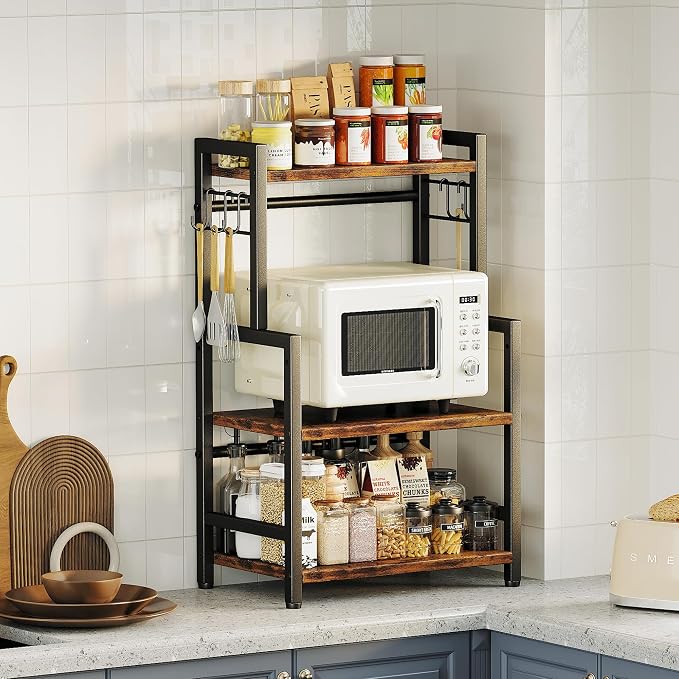 Kitchen Countertop Organizer,3 Tier Large Spice Rack Organizer with Adjustable Shelf and 5 Hooks,Wooden Counter Organizer,Space Saving Countertop Shelf Microwave Stand for Kitchen,Bathroom,Coffee Bar by Homeiju