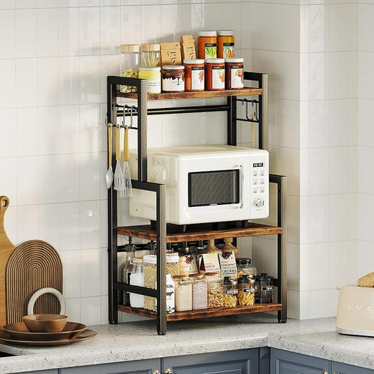 Kitchen Countertop Organizer,3 Tier Large Spice Rack Organizer with Adjustable Shelf and 5 Hooks,Wooden Counter Organizer,Space Saving Countertop Shelf Microwave Stand for Kitchen,Bathroom,Coffee Bar by Homeiju