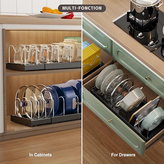 Magheo 2 Pack Expandable Food Storage Container Lid Organizers, 22" Pots and Pans Organizer Under Cabinet with 9 Adjustable Dividers Pot and Pan Lid Holders Rack Inside Cabinet(Black) - Image 4