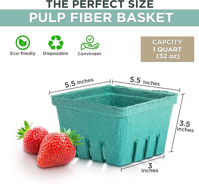 FMP Brands 44 Pack Quart Green Molded Pulp Fiber Berry Basket Produce Vented Container for Fruit and Vegetable, Farmer Market, Grocery Stores and Backyard Party - Image 2