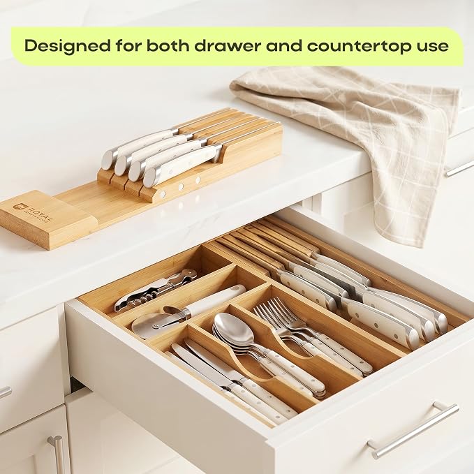 Drawer Organizer with Knife Block for Kitchen Organization, Bamboo Silverware Drawer Organizer, Compact Bamboo Cutlery Tray for Flatware and Utensils, Removable 7-Slot Knife Block for Kitchen Drawers - Image 4