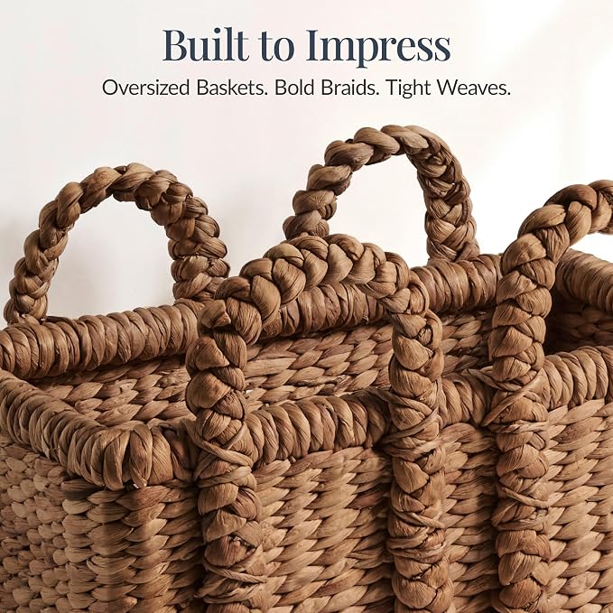 Best Choice Products 3Pc Shelf Baskets, Small, Large and XL Chunky Woven Wicker Rattan Storage Baskets w/Braided Handles, Organizer Bins for Blankets, Pillows, Shoes and Toys - Chestnut - Image 4