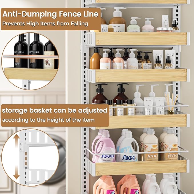 POKIPO 6 Tier Over The Door Pantry Organizer, 2-in-1 Door Hanging or Wall Mounted Spice Rack, Large Heavy Duty Pantry Door Storage Seasoning Shelves with Adjustable Basket for Kitchen Bathroom Closet - Image 4