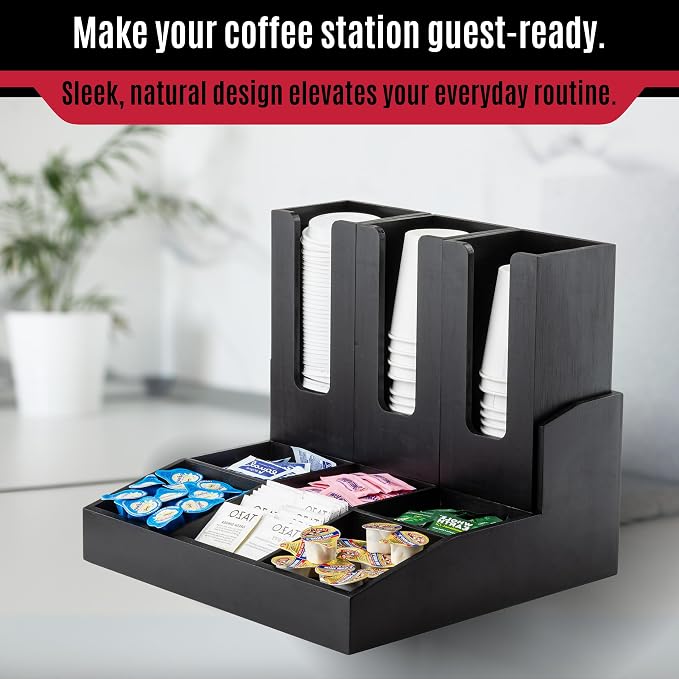 Tablecraft 12690 Coffee Condiment Organizer, 9 Compartments with 3 Removable Cup/Lid Holders, Bamboo Wood Painted Black, Ideal for Cafes, Breakfast Buffets, and Restaurants - Image 5
