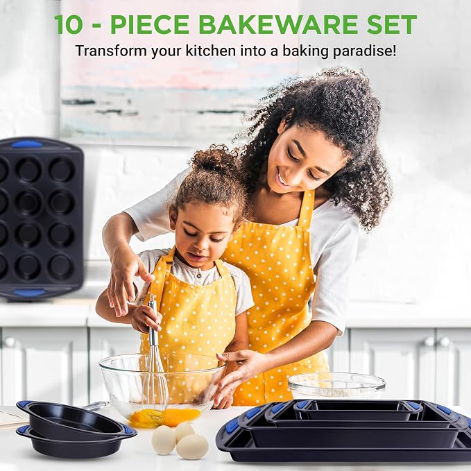 NutriChef 10-Piece Nonstick Bakeware Set - Heavy Duty Carbon Steel Baking Trays w/Silicone Handles - Includes Cookie Sheets, 12-Cup Muffin Pan, Pizza & Loaf Pan, Round & Square Pans - Easy to Clean - Image 2