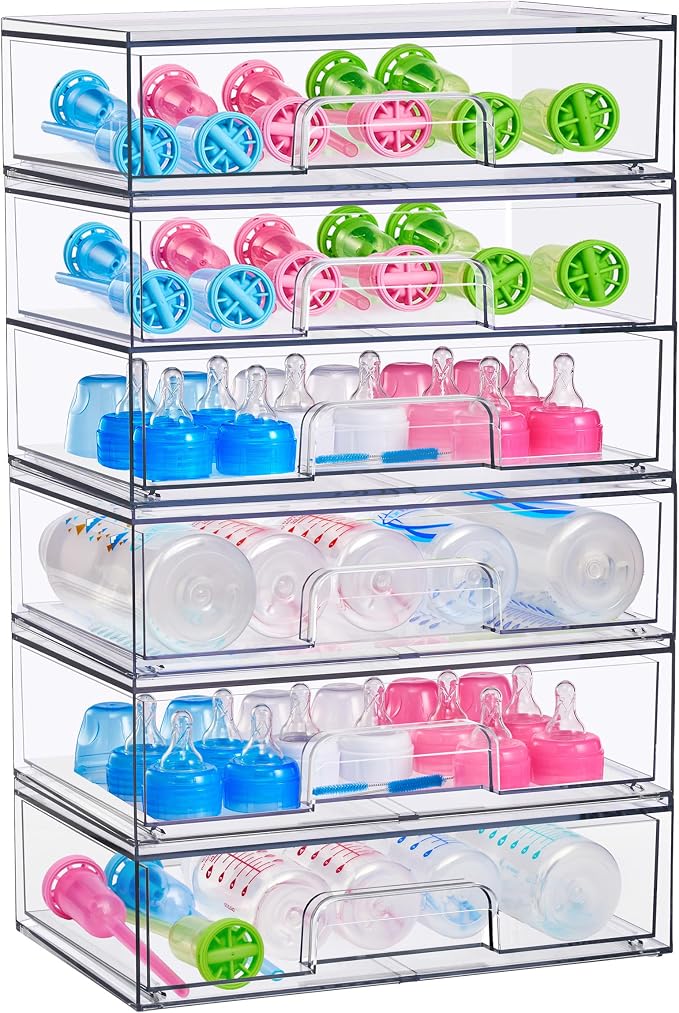 Sorbus Wide Stackable Acrylic Storage Drawers, 6 Pack Clear Plastic Organizer Bins for Baby Bottles, Makeup, Bathroom, Vanity & Countertop Organization, Pull-Out Drawer Design for Cabinets & Pantry by Sorbus