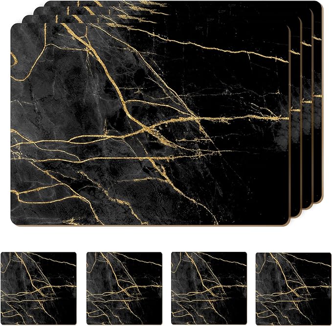 Set of 4 Heat Resistant Cork Placemats for Dining Table with Free Set of 4 Matching Drink Coasters Marble Design 16 x 12 Inches Cork Backed Hard Placemats (Black & Gold) by Moderry