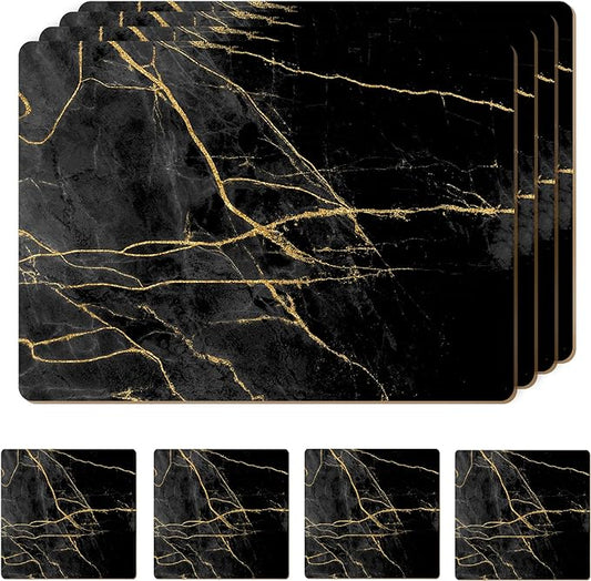 Set of 4 Heat Resistant Cork Placemats for Dining Table with Free Set of 4 Matching Drink Coasters Marble Design 16 x 12 Inches Cork Backed Hard Placemats (Black & Gold) by Moderry