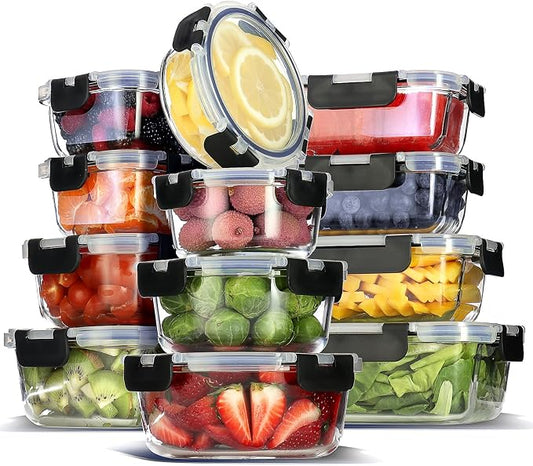 EATEX 24pc Glass Storage Containers with Lids, 12 Set Glass Food Storage Containers with 12 Airtight Lids, Pantry Kitchen Meal Prep Containers for Lunch, Freezer Storage Containers, Jet Black by Eatex