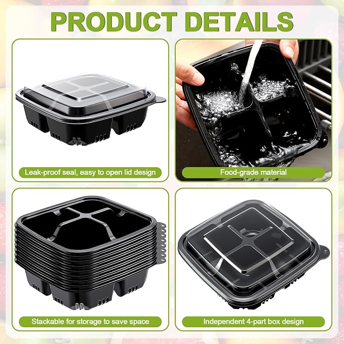 80 Pack 4-compartment Bento Snack Boxes with Lids Divided Lunch Containers for Travel School Camping Outdoor Home (Black) - Image 3
