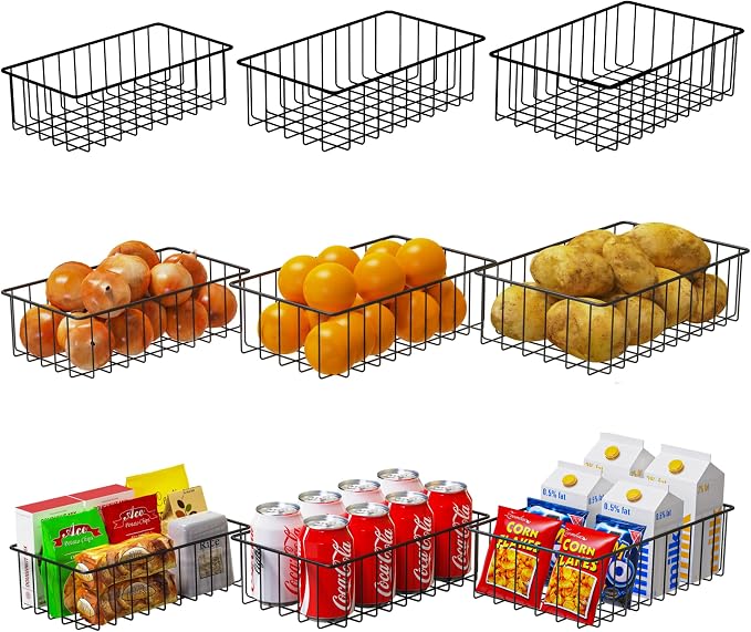 Joben Oligey 9 PACK (3 Szie) Small Wire Storage Baskets for Organizing,Pantry Organization Bins for Cabinets, Metal Basket for Kitchen, Bathroom Organizer (Black-9) by JobenOligey