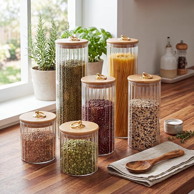 SiliFine 6 Set Glass Pantry Storage Jar with Acacia Airtight Lid 3 Size Glass Storage Container Jar for Pasta Spaghetti Cereal Coffee Bean Flour Sugar Rice, 17oz, 35oz, 53oz (Bamboo Lid with Ring) - Image 3