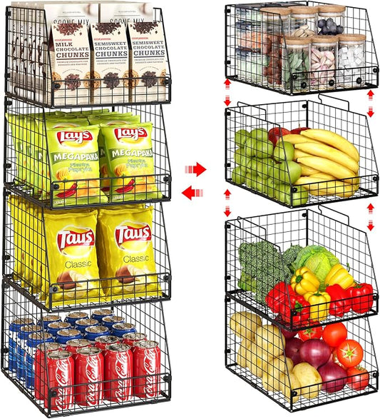 Jakyitvi 4 Pack XXL Stackable Wire Storage Basket, Extra Large Capacity Pantry Organizer and Storage, Muti-Purpose for Fruit Vegetable Basket & Toy Bin & Snack Organizer by Jakyitvi