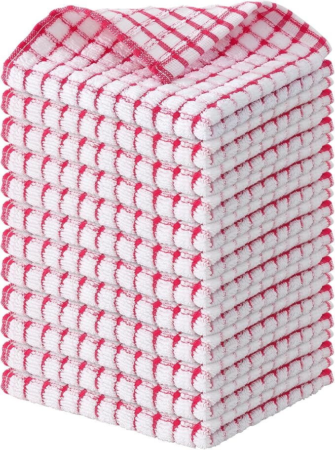 Kitinjoy Cotton 12 Pack Terry Kitchen Dish Cloths, Red | 12 x 12 Inches Super Soft and Absorbent Dish Rags, Quick Drying Dish towels for Washing Dishes by Kitinjoy