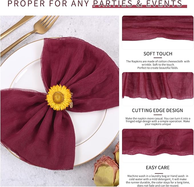 100 Pieces Cloth Napkins Burgundy Dinner Cheesecloth Napkins for Wedding,Wrinkled Cloth Napkins Bulk for Home Party Rustic Table Decoration, 17 x 17 Inch - Image 3