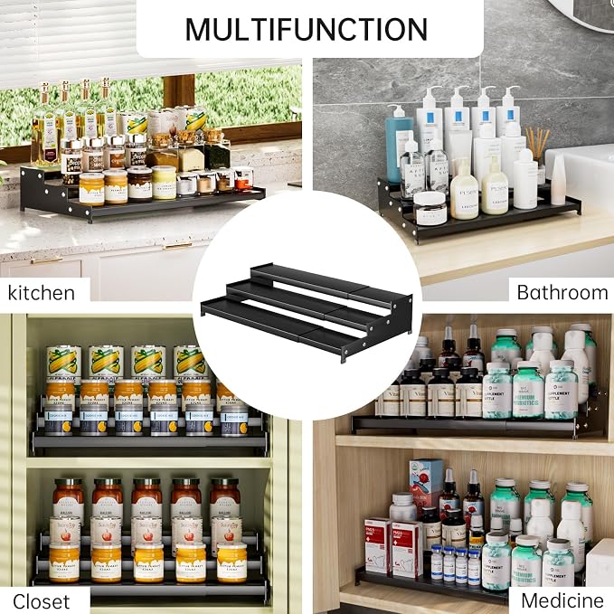 Expandable Carbon Steel Spice Rack Organizer for Pantry, Adjustable 3-Tier Ladder Shelf,Holds Up to 24 Cans,Kitchen Countertop Organizer, Rustproof Storage Rack for Spices, Cans, Sauces & Dry Goods - Image 8