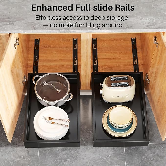 4 Pack Pull out Cabinet Organizer, 21"Deep, Heavy Duty Full-extension Slide out Drawers for Kitchen Cabinet, Roll out Shelf Storage with Nano Adhesive for Pots, Bathroom, Pantry, Home, Black - Image 4