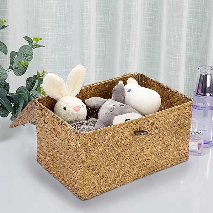 Hipiwe Small Woven Shelf Baskets Bin with Lid Seagrass Wicker Storage Box | Handmade Seagrass Basket Organizer Rectangular Household Basket Boxes for Shelf Wardrobe Home Decor, Caramel - Image 5