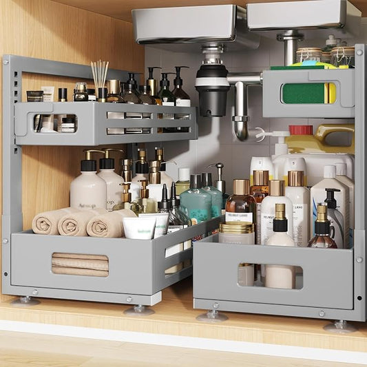 2 Pack 19IN-Depth Under Sink Organizer,Pull Out Cabinet Organizer With Smooth Cylindrical Rail,Metal Slide Out Drawer for Kitchen Bathroom Laundry,8-Level Tool Free Height Adjustable-Gun Gray by UnderSinkOrganizer