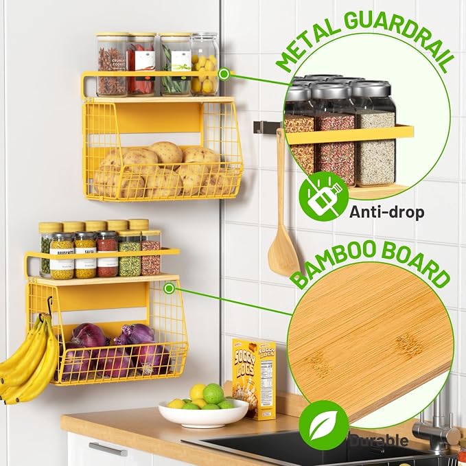 Magnetic Shelf for Fridge with Wood Lid, Fruit Potato and Onion Storage Bins, Pantry Organizers & Storage, Large Container Magnetic Spice Rack for Refrigerator, Kitchen Counter, Cabinet (Yellow, 2) - Image 2