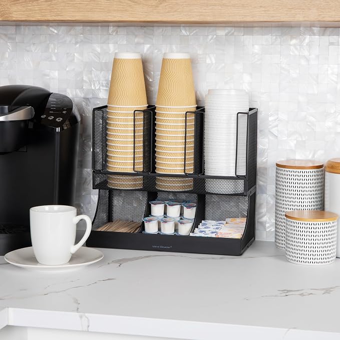 Mind Reader Multipurpose Countertop Organizer, Office Breakrooms, Cup and Condiment Station, Metal Mesh, Black - Image 2