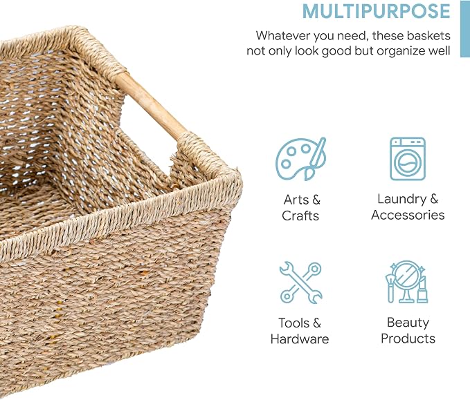 Large Wicker Storage Basket with Wooden Handles, Seagrass Basket for Shelves, Natural Wicker Bin With Handle for Storage 14.5 x 10.3 x 7.5 inches - Image 3
