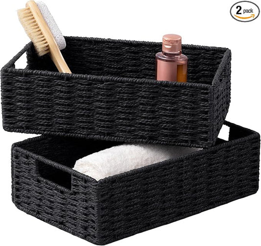 UBBCARE 2 Pack Wicker Basket, 11.5L×7.5H×3.5W inch Woven Paper Rope Storage Baskets for Shelves, Foldable Rectangular Storage Baskets with Handle, Storage Basket for Organizing, Black by UBBCARE