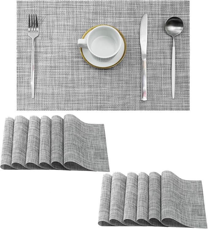 Leetaltree Linen Grey Placemats Set of 12 - Heat Resistant Non-Slip Place mats for Dining Table, Washable Durable PVC Vinyl Woven Table Mats（Linen Grey, 12） by Leetaltree-ArtatEveryTable