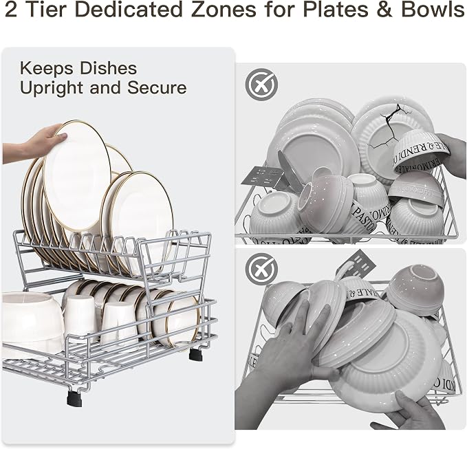 2 Tier Turquoise Large Stainless Steel Dish Drainers Drying Rack for Kitchen Counter with Drainboard, Rust Proof Metal, Space Saving, Modern Aesthetic, Compact Plates Strainers with Extra Mat - Image 4