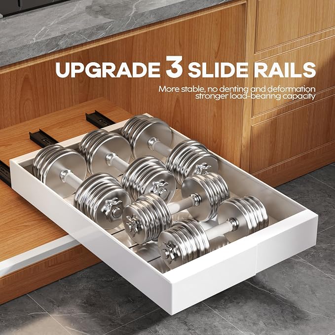 Seinloes 2 Pack Expandable Pull Out Cabinet Organizer 21" Deep with Raising Pad for Framed Cabinets,Upgrade 3 Slide Rails Slide Out Drawers,Roll Out Shelves Adhesive,Adjustable Width 9"-14.1" White - Image 6