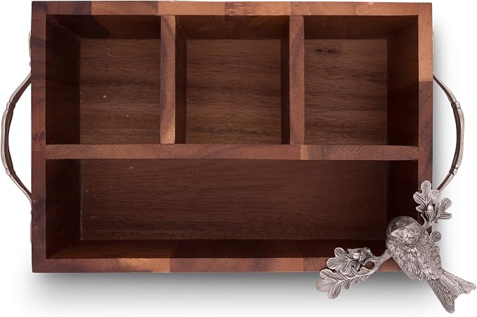 Caddy Rectangle Acacia Wood Flatware/Serve ware/Utensil/Carry-All Holder Solid Pewter Song Bird Accent and Real Leather Handles, 3 Small and 1 Larger Compartment 13.5 inch Long - Image 5