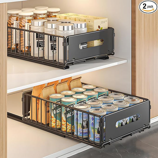 2 Pack Pull Out Cabinet Organizer, Heavy Duty Slide Out Drawer with No Drill Adhesive or Screw Mount, Carbon Steel Roll Out Shelf for Kitchen Cabinet, Pantry & Bathroom Storage by NECHEGI